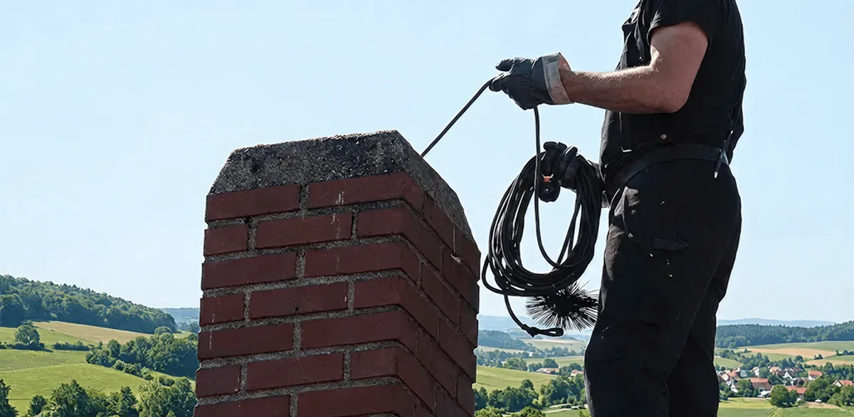 Chimney sweep inspecting and cleaning a rooftop chimney in West Palm Beach, FL