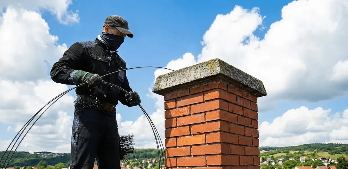 Chimney sweep cleaning a brick chimney with professional tools in West Palm Beach, FL