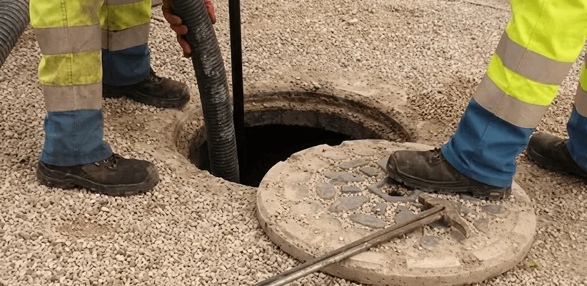 Drain cleaning crew clearing a sewer access point with professional equipment in West Palm Beach, FL